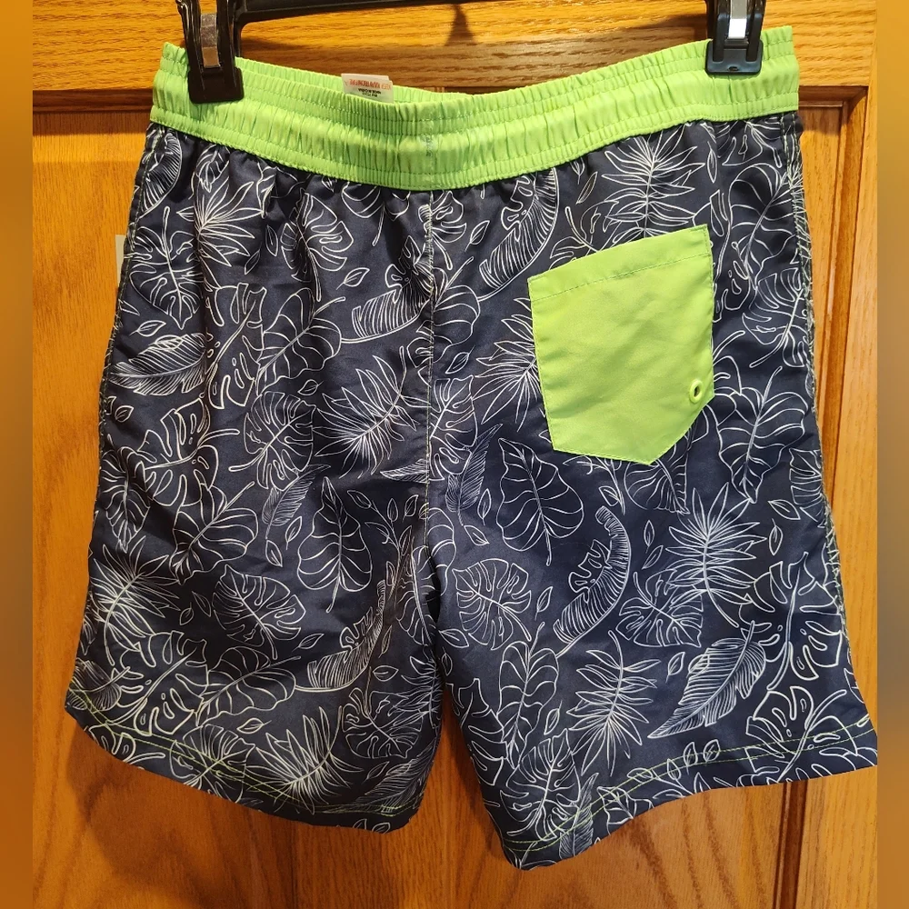Panama Jack Kids' Navy Tropical Print Swim Shorts with Lime Waistband